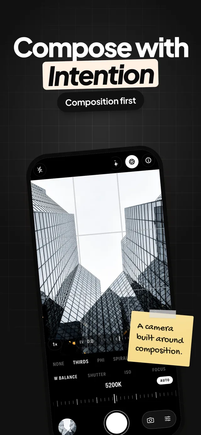 PhiFrame camera with the rule of thirds grid over a city skyline