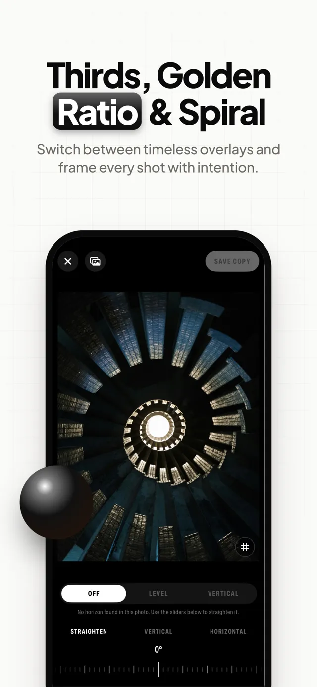 PhiFrame photo editor straightening a spiral staircase photo