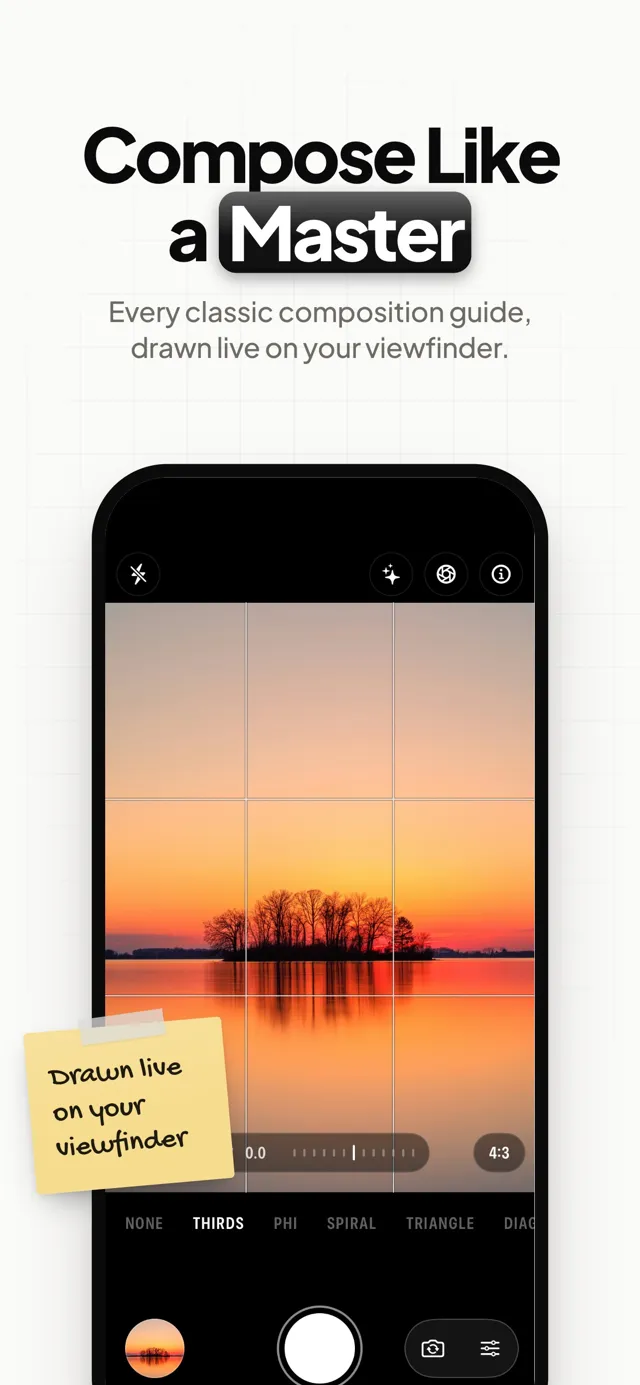 Composition guides drawn live on the viewfinder over a sunset