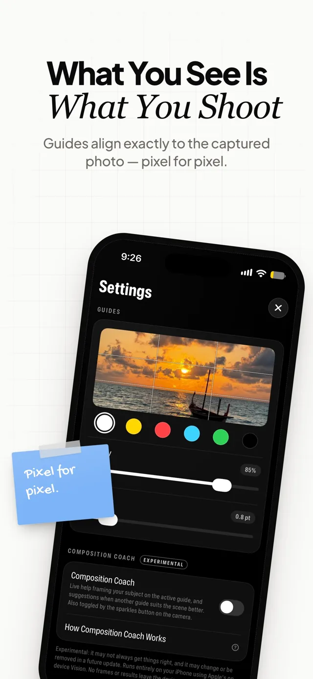 PhiFrame settings for guide colour, opacity and thickness