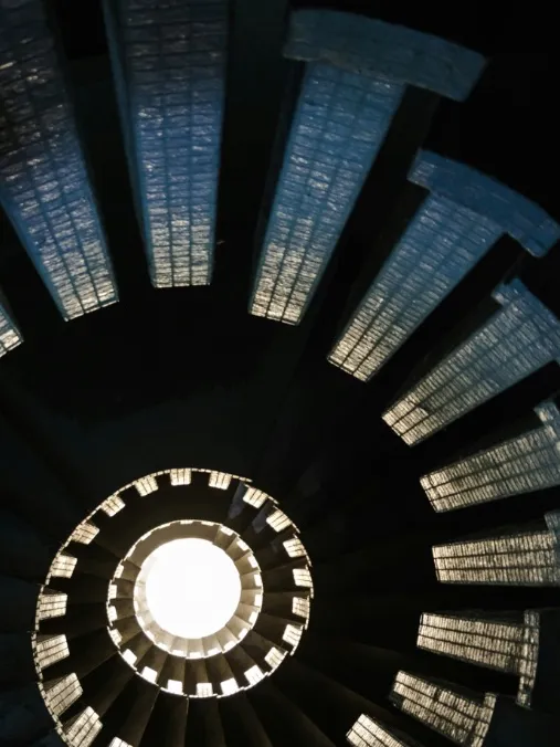 Spiral staircase framed with a golden ratio guide in the PhiFrame camera